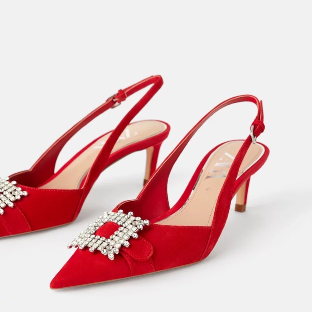 ZARA Elegant Red Slingback Heels with Embellished Buckle